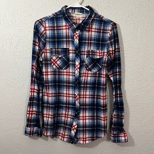 Large Button Down Plaid Long Sleeve Top